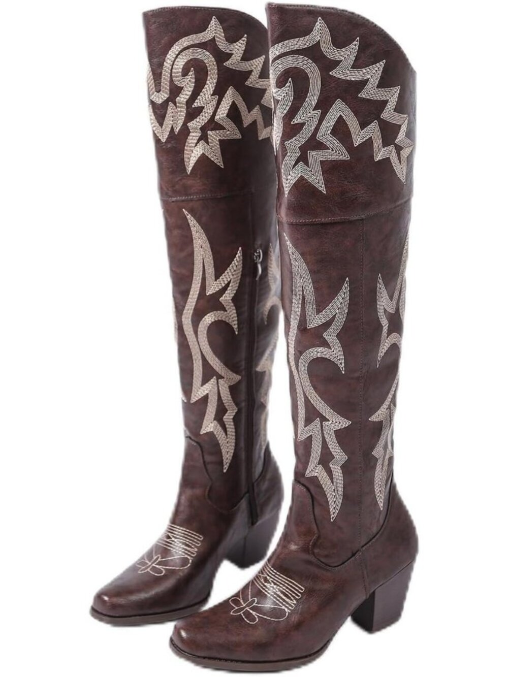 Stylish Over-the-Knee Western Cowboy Boots - Square Toe, Embroidered, Chunky